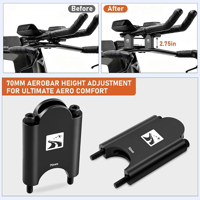 70mm Aluminum Aerobar Riser Kit, Clip On Aero Bars Armrest Handlebar Spacers for Road Bike Triathlon and Time Trial, Compatible with Profile Design 31.8mm Clamp, with M5 & M6 Mount Bolts