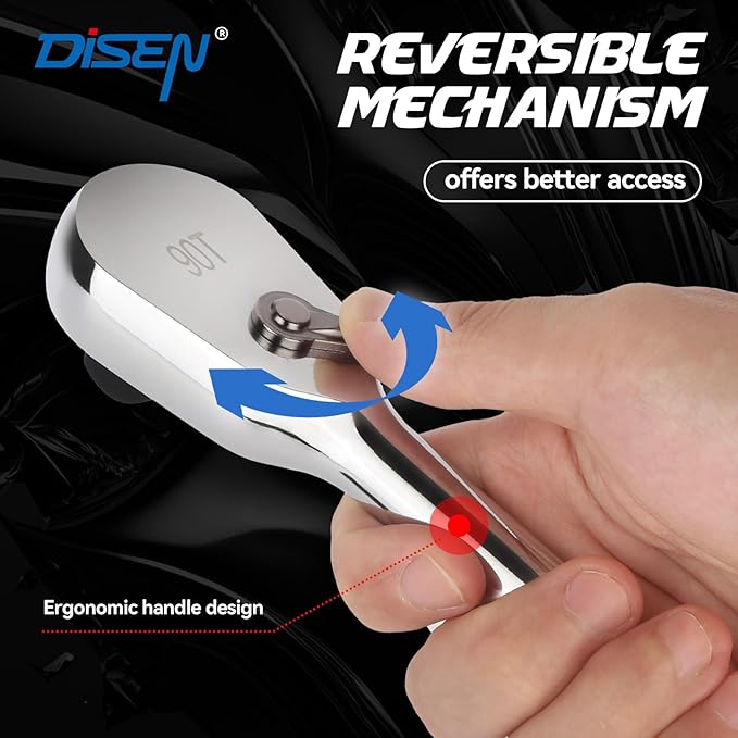 DISEN Extra Long Handle 1/2" Drive Ratchet Socket Wrench,90-Tooth Ratchet Wrench with 14" Handle and Dust Proof Teardrop Enclosed Head, Reversible, CR-V Steel Made, CR-MO Head, Gifts for Men