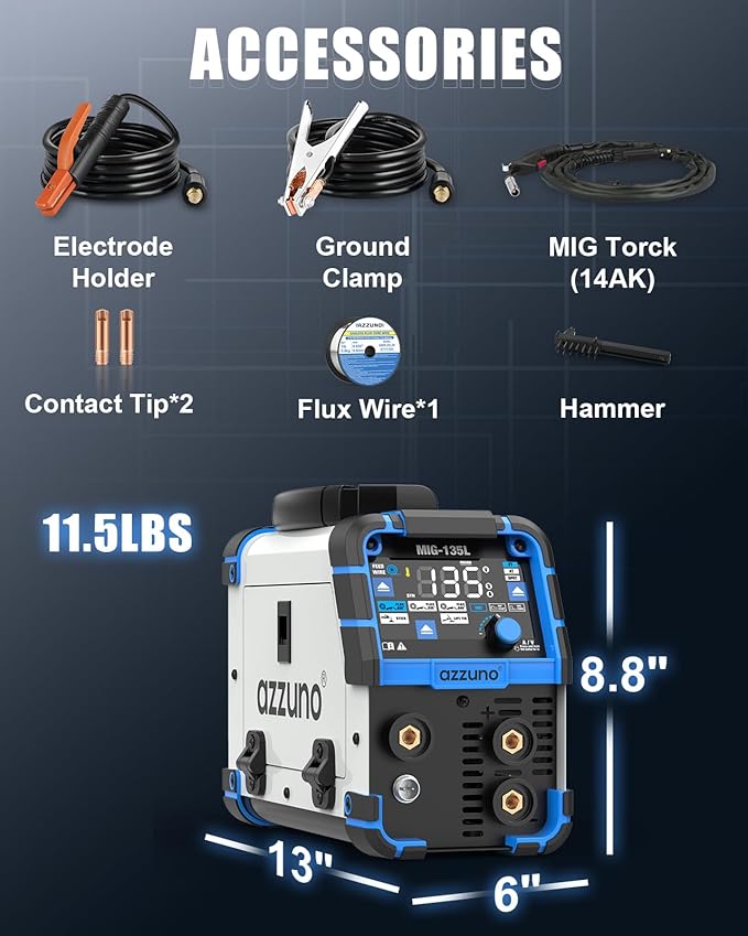 AZZUNO 135A MIG Welder 110V, 3-in-1 Welding Machine with Gasless Flux Core MIG/Lift TIG/Stick Welding, Wire Feed Welder with Synergic Control, Portable Flux Core Welder for Home DIY & Repair
