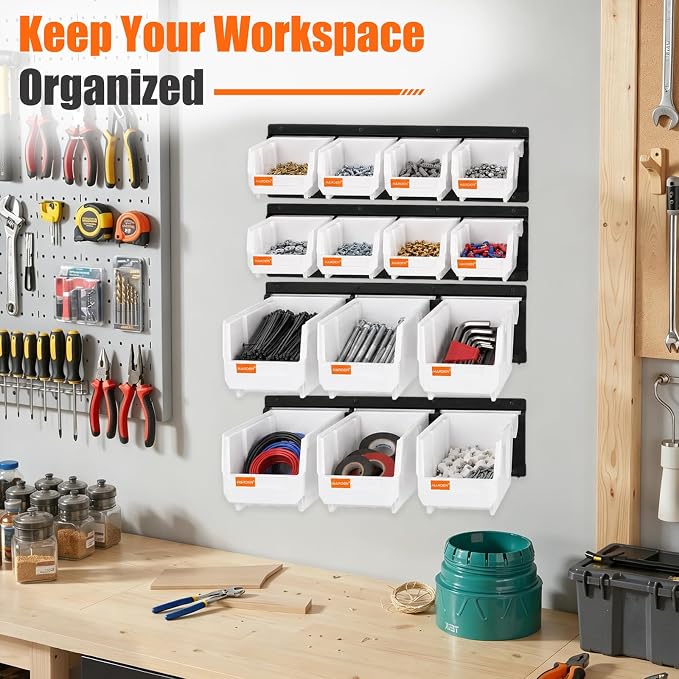 14pc Wall-Mounted Storage Organizer Mixed V1 V2 Combo White | Heavy duty metal rails multi-size bins combo pack for garage tools, screws, hardware & batteries.
