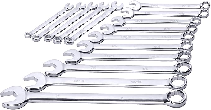 Max Torque 15-Piece Premium Combination Wrench Set, Complete SAE Inch Sizes from 1/4” to 1” with Rack Organizer | Cr-V Steel, Mirror Chrome Finish, Long Pattern, V-Groove Open End and 12-Point Box End