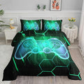 Axolotl Gaming Comforter Set Twin Size,Number Video Gaming Gamer Bedding Set,Boys Game Console Comforter Set,Geometry Hexagonal Bedding Set for Teens Men Adults,1 Quilt 2 Pillowcases,Green Black