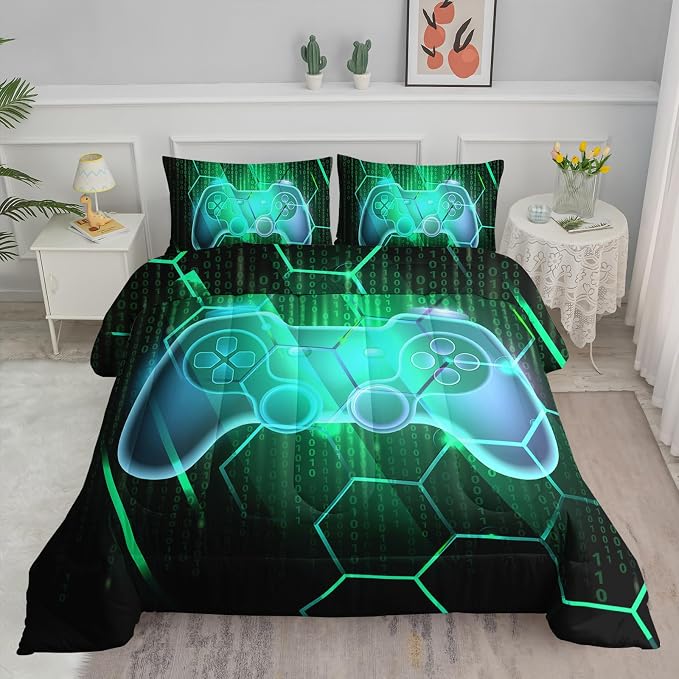 Axolotl Gaming Comforter Set Twin Size,Number Video Gaming Gamer Bedding Set,Boys Game Console Comforter Set,Geometry Hexagonal Bedding Set for Teens Men Adults,1 Quilt 2 Pillowcases,Green Black