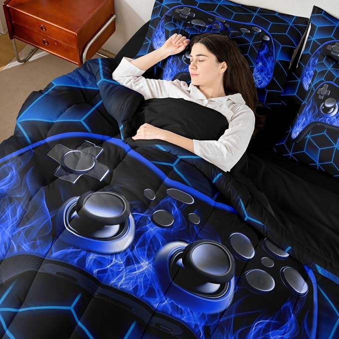 Game Consoles 7 Piece Comforter Set Full Bed in a Bag,Neon Geometric Bedding Set,3D Geometric Gamer Comforter and Sheet Set Blue Flame Bed Set,Gaming Decor for Boys Bedroom Decor Gamer Gifts