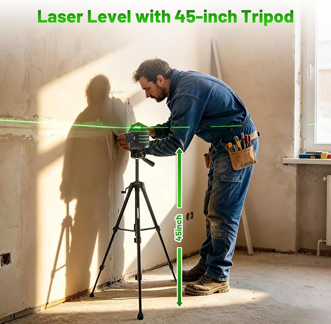 Huepar 360 Laser Level with Tripod, 60-Inch Drop Protection Self-Leveling Green Lazer Leveler Tool for Picture Hanging, Pulse Mode Adjustable Brightness, Hard Case, Green Glasses & Target Plate