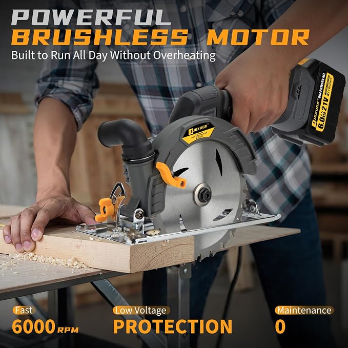 JEXUGK 6-1/2" Circular Saw, Cordless Sierra Circular Inalambrica with 2 x 6.0AH Battery,Brushless Electric Power Circle Saw with 3 Blade Cutting Precise Wood for Max Cut Depth 2-1/4"(90°)1-7/16" (45°)