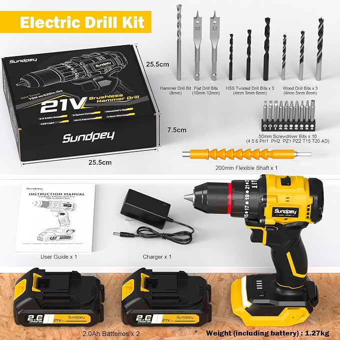 Sundpey Cordless Power Drill Set - 620in-lbs 3/8" Metal Chuck Electric Drill w/Brushless Motor & 23+3 Torque Settings & 2 Battery & LED Light - Drills Driver for Home DIY Woodworking Bricks Drilling