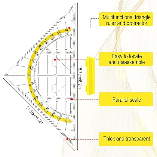 Multifunctional Triangle Ruler with Handle, 4 PCS Transparent Set Square with Protractor Plastic Triangle Ruler Set Drafting Triangles for Designers Architectors Engineers Geometry Drawing Tools