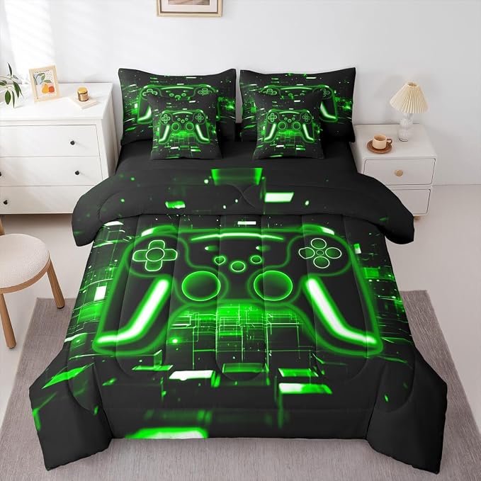 Erosebridal Gaming Twin Comforter Set with Sheets, Gamer 7 Piece Bedding Set Neon Lights Retro Game Console Bed in a Bag, Green Brick Cube Room Decor,Game Room Decor