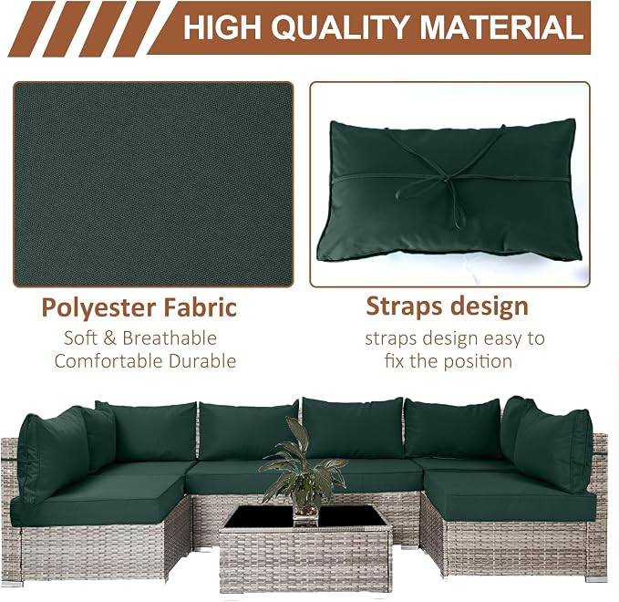 14 Piece Outdoor Patio Cushion Covers Replacement, Waterproof Outdoor Furniture Cushion Covers, Fit 7 Pcs 6 Seater Wicker Rattan Patio Conversation Sofa Set,Dark Green,25.6x25.6