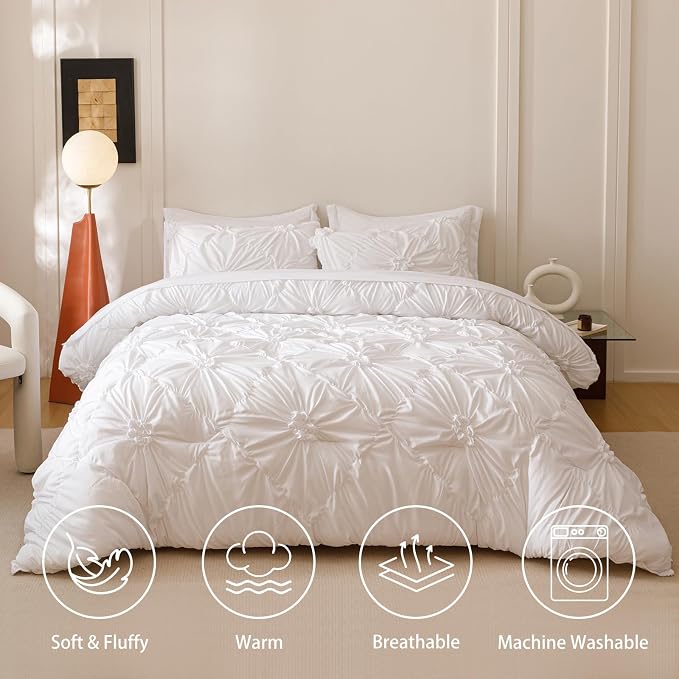 Nttopship White Twin Comforter Set - 7 Pieces Bed in a Bag, Premium Comforters Twin Size Bed Set Pintuck Pinch Pleat Complete Comforter Set with Flat Sheet, Fitted Sheet and Pillowcases,White