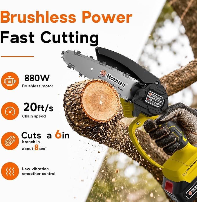 HOBUZA 6 Inch Brushless Mini Chainsaw, Lightweight One-Hand Saw for Pruning | 880W Brushless, Lightweight 1-Handed & Women-Friendly, 2x2.0Ah Batteries 4-6H Runtime, Auto Oiler, Safety Lock for Tree Work