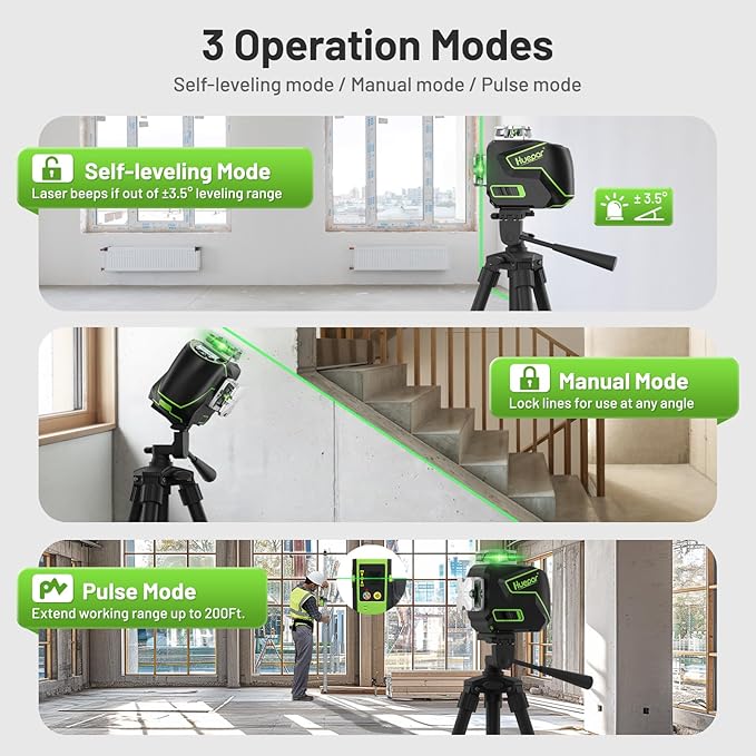 Huepar Laser Level 360 Self Leveling, 3x360° Green 3D Cross Line Laser with LCD Screen, Bluetooth Outdoor Pulse Mode Laser Tool for Construction -Remote Control, Li-ion Battery or 4 AA Batteries-S03CG