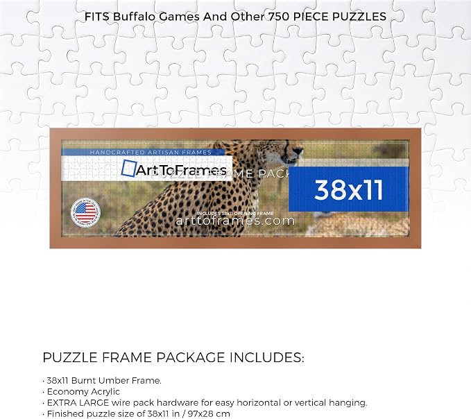 ArtToFrames Puzzle Frame for Buffalo Games 750 Piece Jigsaw Puzzles, 38x11 Inch (97x28 cm), Burnt Umber Engineered Wood with Economy Acrylic, Ready to Hang Puzzle Display