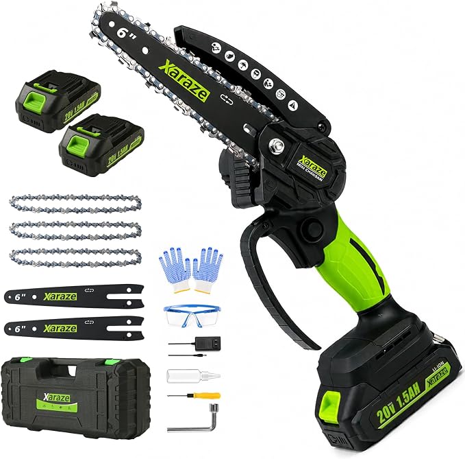 6 Inch Mini Chainsaw Cordless, 6 Inch Handheld Electric Chainsaws with 2*Batterie 3*Chains 2*Guide Bar, Small Chain Saw Battery Powered for Garden and Tree Trimmer, Ideal Gift for Elder, Women, Man