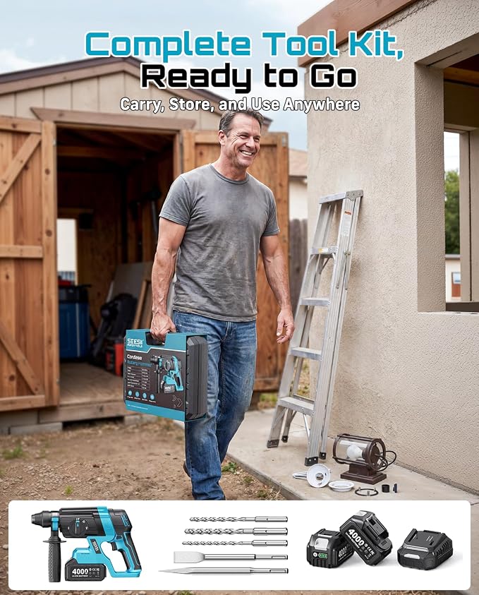 Seesii 1-Inch Cordless SDS-Plus Rotary Hammer Drill, 2.8J Impact Energy Brushless Motor, 4-Mode with Safety Clutch, 2 x 4.0Ah Batteries & Chisel/Bit Set for Concrete Drilling & Home Renovation
