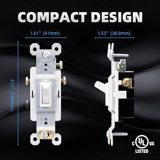 ELEGRP 3 Way Toggle Light Switch, 15 Amp, 120 V, Toggle Framed AC Quiet, in Wall On/Off Switch Replacement, Self-Grounding, Residential and Commercial Grade, UL Listed (10 Pack, Glossy White)