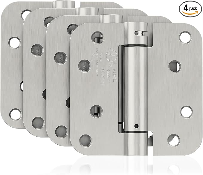 4 Pack Self Closing Door Hinges, 4 Inch Spring Loaded Door Hinges for Garage, Front, Back Door, Left/Right Hand, Adjustable Tension, 5/8'' Radius Corners, UL Listed, Brushed Nickel