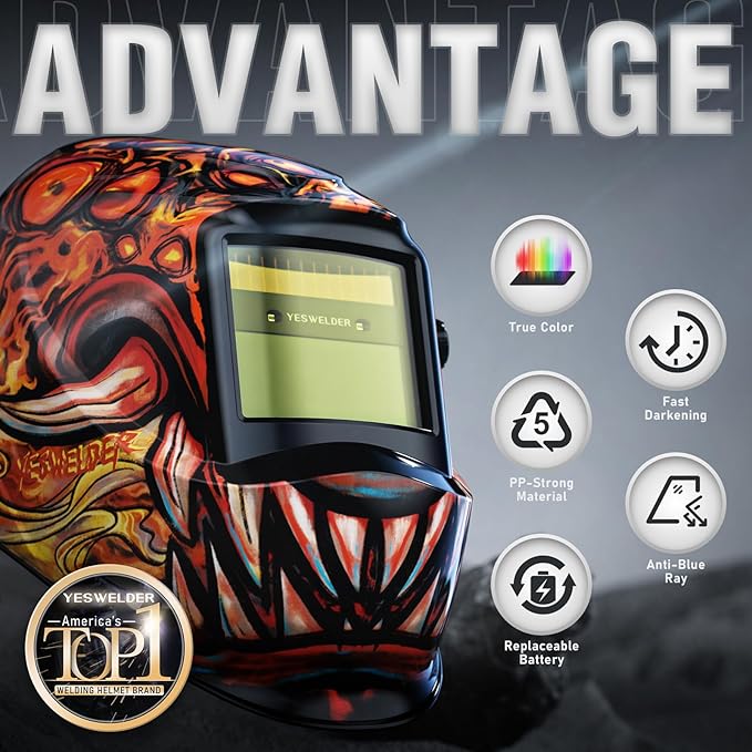 YESWELDER Auto Darkening Welding Helmet, Blue Light Blocking, 1/1/1/1 True Color Solar Powered Welding Hood with 2 Arc Sensors, Wide Shade 3.5/9-14 Welder Mask for TIG MIG ARC and Grind
