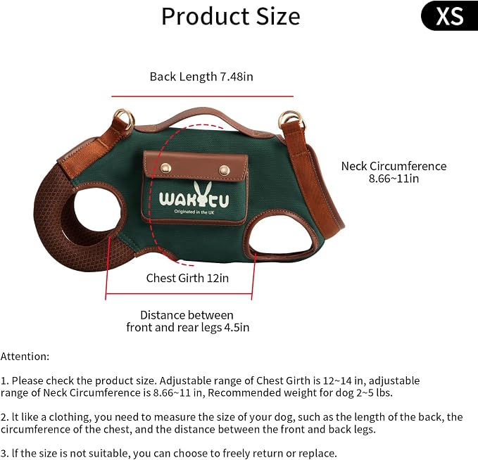 Wakytu Dog Lift Harness Dog Carrier Sling for Small Dogs & Cats,XS | stylish puppy sling carrier with handle & pocket,adjustable leash,walking & travel