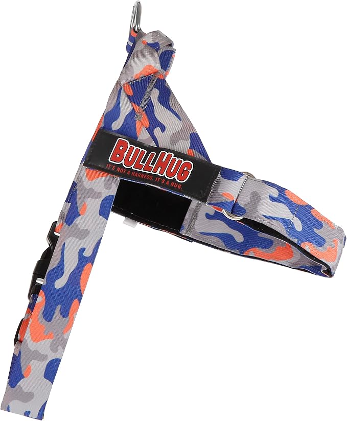 Adjustable Dog Harness– No Pull, No Choke – for English Bulldogs, French Bulldogs, Pugs & Broad-Chested Breeds – Easy, Safe Walks (Orange/Blue Camouflage, Medium)