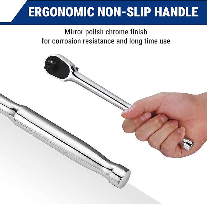 WORKPRO 1/2-Inch Drive Low-Profile Ratchet, 90-Tooth Ratchet Wrench | Quick-Release Socket Wrench for Men Women, Reversible, 4° Swing, CR-MO Compact Drive Head, Full Polished