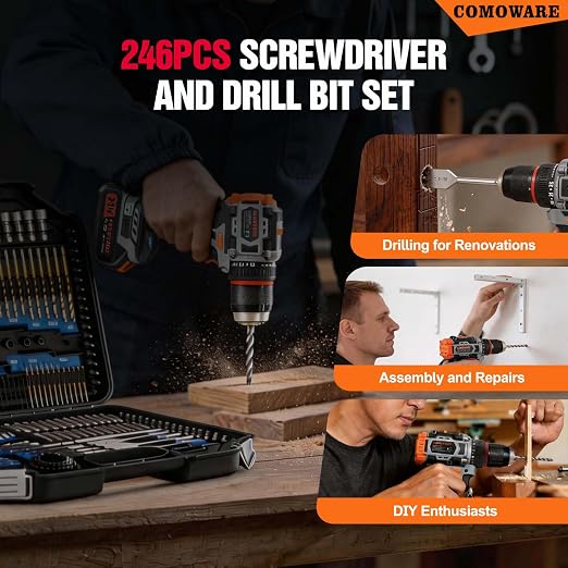 COMOWARE 246 Pcs Drill Bit Set with Case for Wood, Metal, Masonry, Cement and Screwdriver Bits