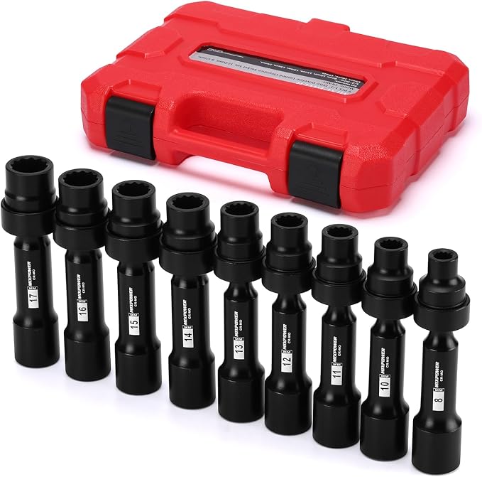 MIXPOWER 9-Piece 1/2" Drive Master Extension Swivel Socket Set,12-Point,Metric,8mm-17mm,CR-MO Steel,Driveline Limited Clearance Socket Set With Storage Case