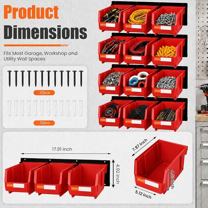 12pc Wall-Mounted Storage Organizer Set with Metal Rails Red | Heavy duty tool organization box with metal rails. Ext 7"x5"x4" for garage screws nuts bolts.