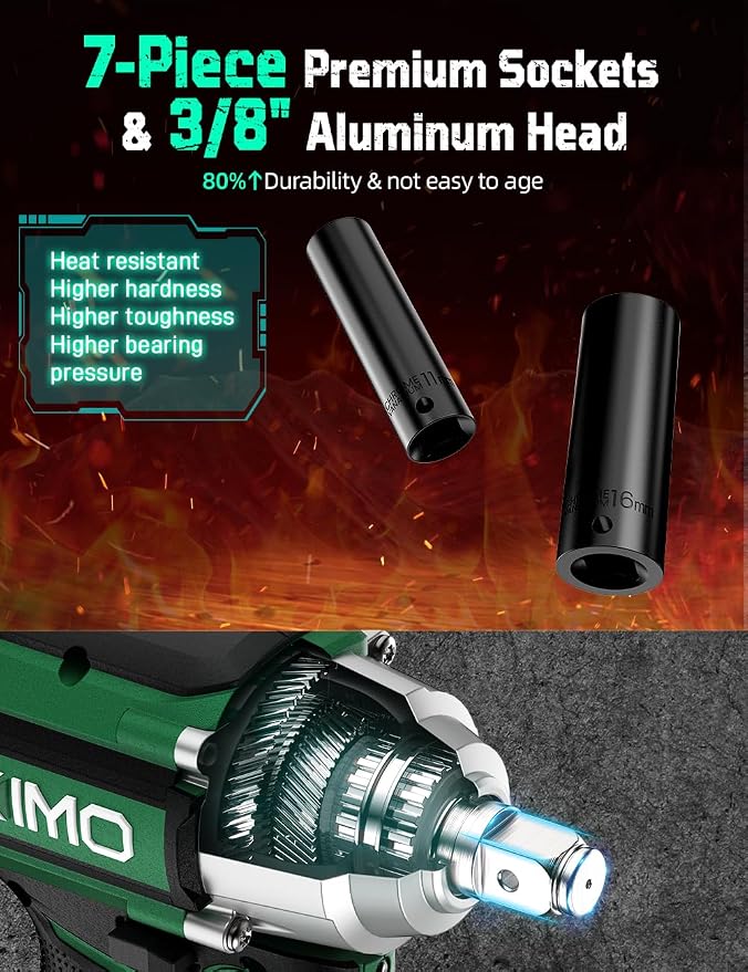 KIMO Cordless Impact Wrench, 550N.m/410ft-lbs, 4000 RPM, 7Sockets High Torque Impact Wrench with 3/8" Chuck, 4000mAh Li-ion Battery, Fast Charger, Variable Modes Power Impact Driver for Car Tires