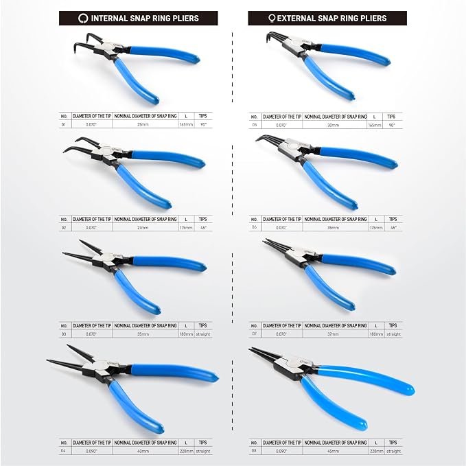 SMOTIVEPRO Precision 8PCS Snap Ring Pliers Set, 7" & 9" Internal/External