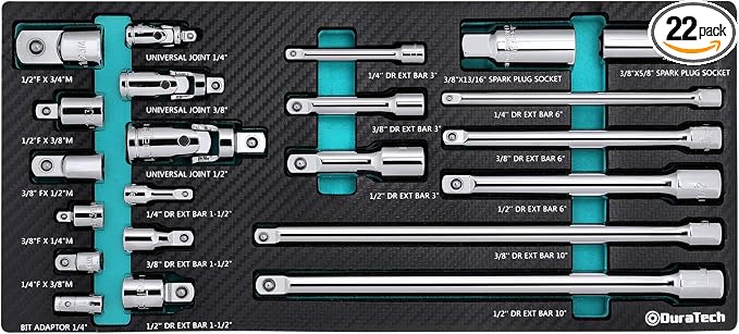 DURATECH 22-Piece Drive Tool Accessory Set with Extension Bars & Adapters | Cr-V Steel Accessories, Universal Joint Set, Spark Plug Socket Set, EVA Foam Storage Organization, Professional Tool Storage