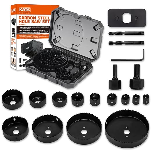 KATA Hole Saw Kit, 18 Pieces Hole Saw Set with 3/4"-5"(19-127mm) Saw Blade, 2 Mandrels, 2 Drill Bits, 1 Installation Plate, 1 Hex Key with Case, Ideal for Soft Wood, Plywood, Drywall, PVC