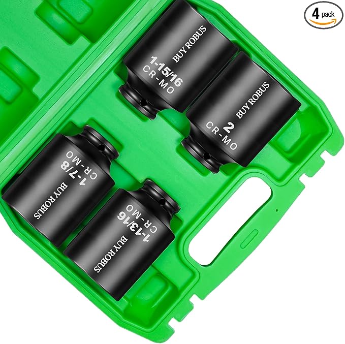 4PCS 1/2" Drive Spindle Axle Nut Impact Socket Set, 1-13/16, 1-7/8, 1-15/16, 2 Inch, CR-MO, Deep, 6 Point