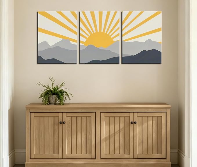Frimeeme Modern Boho Sun Canvas Wall Art, Set of 3, Yellow and Gray Mountain Sunrise, 12x16 Inch Each, Framed