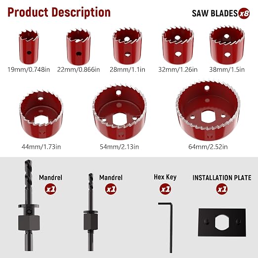 12-Piece Hole Saw Kit, Includes 8 Sizes (3/4" to 2-1/2"), Arbors, Drill Bits, and Hex Key, Ideal for Softwood, Plywood, and PVC(RED)