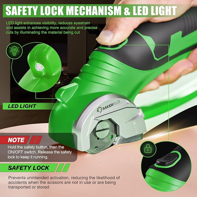 SakerPlus Cordless Electric Scissors,4V Rechargeable Cardboard Box Cutter Heavy Duty Fabric Scissor with Safety Lock & LED Light,Power Rotary Cutter for Leather Carpet Plastic Cutting,Sewing,Crafting