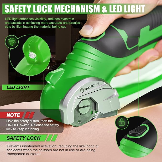SakerPlus Cordless Electric Scissors,4V Rechargeable Cardboard Box Cutter Heavy Duty Fabric Scissor with Safety Lock & LED Light,Power Rotary Cutter for Leather Carpet Plastic Cutting,Sewing,Crafting