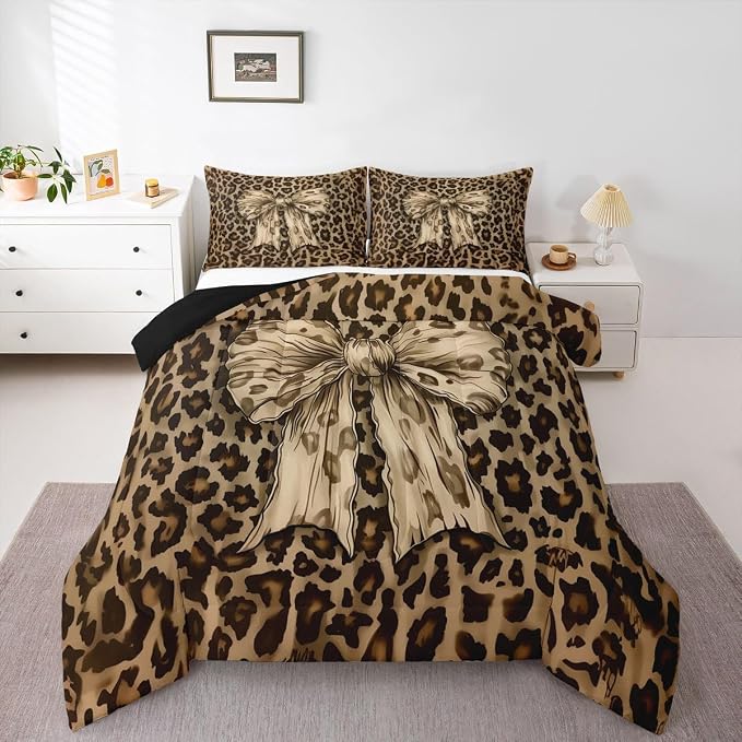 Feelyou Leopard Print Comforter Set Full Size Cute Bow Bedding Set for Kids Boys Girls Cheetah Animal Fur Duvet Quilt Bedroom Decor Microfiber 3 Pcs with 2 Pillow Cases