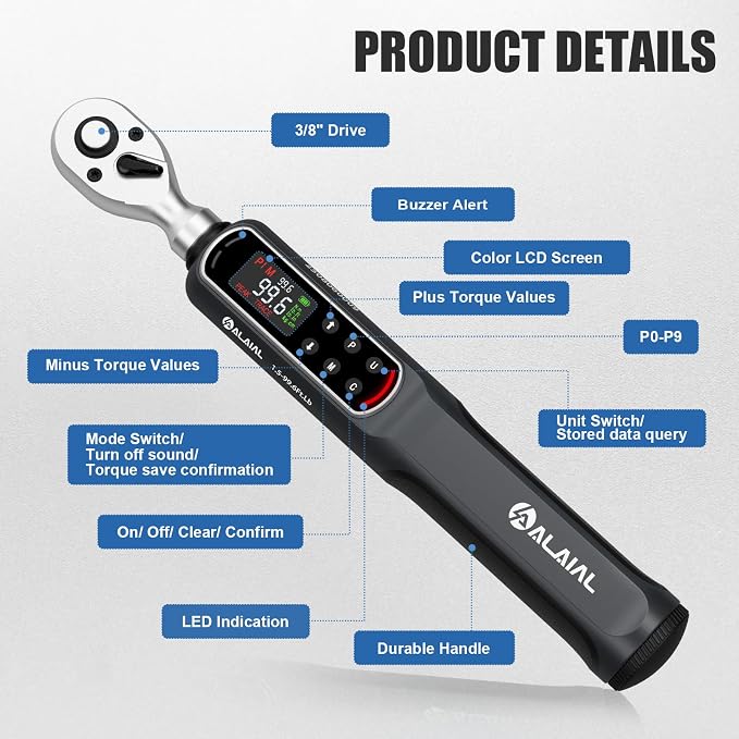 Digital Torque Wrench 3/8 Drive, 1.5-99.6 ft-lb ±2% Accuracy | LED Display, Buzzer&Vibration Alert, 2 Modes, 10 Presets&500 Data Logs, for Lug Nuts, Automotive, Motorcycle Repair