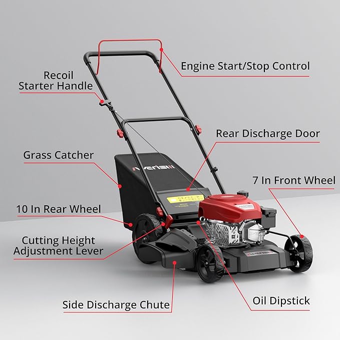 AMERISUN 21" Gas Lawn Mower, 3-in-1 Gas Powered Push Mower, 144cc 4-Stroke OHV Engine, 6 Height Adjustment, Efficient Steel Deck, 1.4 Bushel Grass Catcher with Bagging, Mulching & Side Discharge