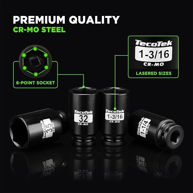 TecoTek 1/2" Drive Deep 6-Point Impact Socket Set, 21-Piece Spindle Axle Nut Impact Socket Set, CR-MO, SAE (1-1/16-Inch to 1-5/8-Inch) and Metric (27mm to 41mm)