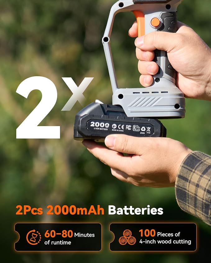 TaskStar 8-Inch Mini Chainsaw Cordless, Brushless Motor, 2×2000mAh Batteries, Lightweight One-Handed Electric Chainsaw for Cutting Thick Branches, Tree Trimming, Wood Cutting, Beginner Friendly