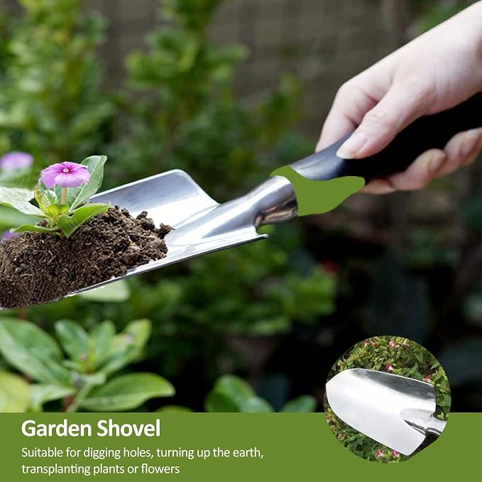 Garden Tool Set, 3 Piece Gardening Tools Includes Garden Trowel, Transplant Trowel and Hand Rake with Non-Slip Ergonomic Handle, Heavy Duty Gardening Kit for Gardening Planting, Gardening Gifts