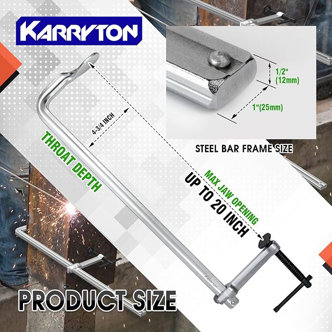 2-Pack Heavy Duty 20"(500x120mm) F-Clamp w/ 4-3/4" Throat Depth, Bar Size 1"x15/32", 1400LB Clamping Force, Drop Forged Steel Bar Clamps for Wood, Metal, Pipe, Welding and DIY Projects
