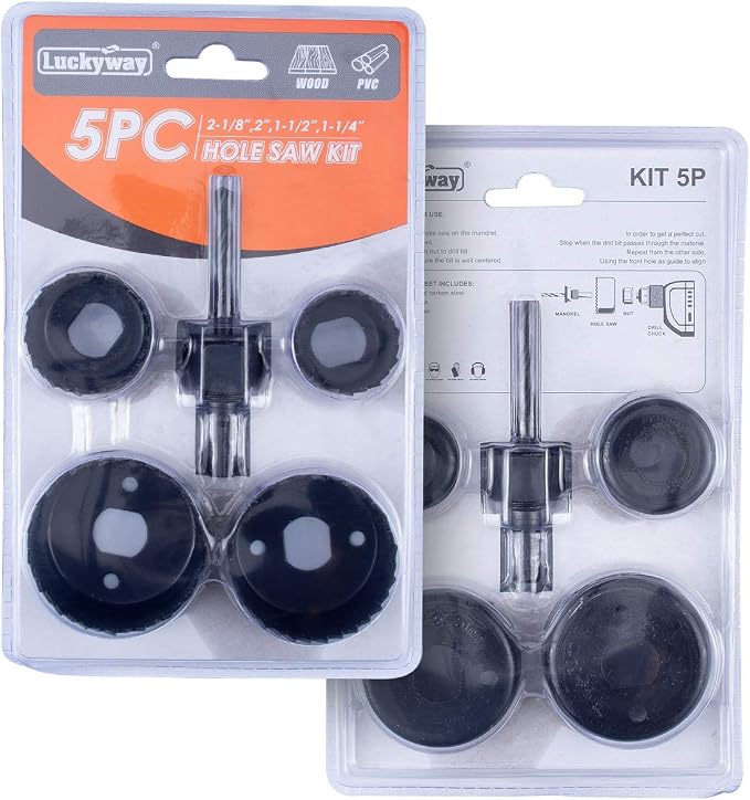 Luckyway 5-Piece Hole Saw Set, 1-1/4" to 2-1/8" Hole Saw with Hole Saw Mandrel for Wood,Plastic,PVC and Drywall
