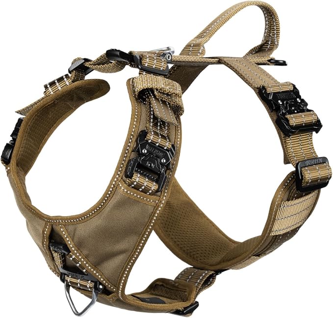 ICEFANG Dog Halter Harness with Metal Buckles,Dog Strap Vest X-Large Dogs | Control Handle,Summer-Cooling,Reflective,Front Hook,Adjustable,Soft Padded,No Pull,Brown,XLarge