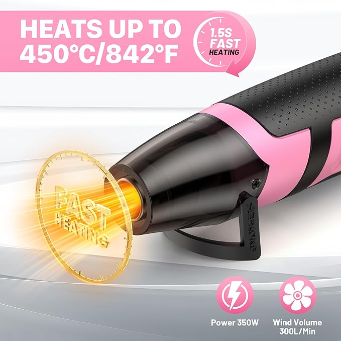SEEKONE 350W Mini Heat Gun with 2-Temp Settings 500℉ & 842℉(260℃& 450℃) Fast Heat Hot Air Gun Tool with Overload Protection and Reflector Nozzle for 3D Printing, Crafting, and Shrink Tubing