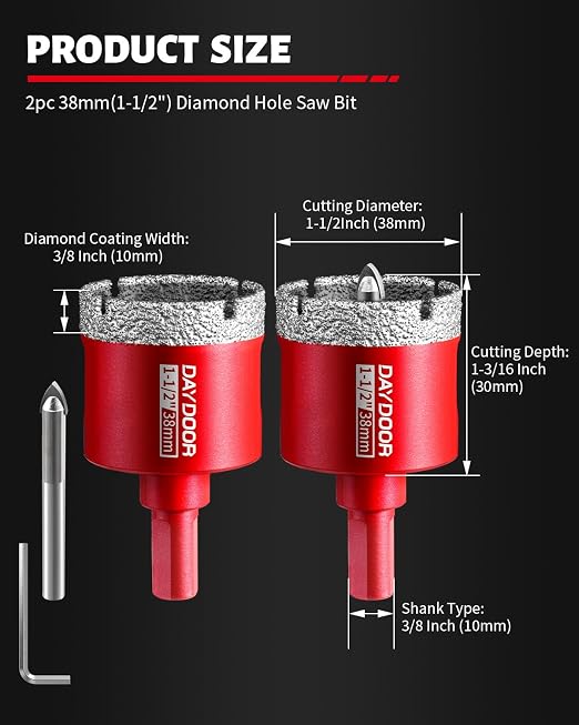 DAYDOOR 1-1/2" Diamond Hole Saw Bits with Pilot Drill Bit -2pcs 38mm Diamond Tile Hole Saw with Guiding Bit for Porcelain Tile Ceramic Pottery Granite Stone Glass Bottles(3/8" Triangle Shank)