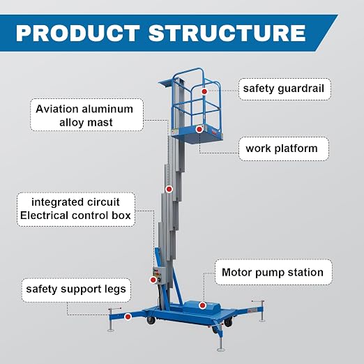 Electric Hydraulic Man Lift Aluminum Alloy Mobile Scaffolding Platform, 19.7ft Max Lifting Height, 275lbs/125kg Rated Load for Warehouse, Construction & Maintenance (Single Support, 19.7FT/6m)